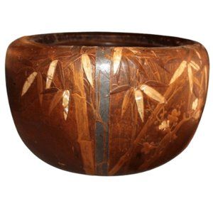 18" Large Late 19th C. Wood and Copper Hibachi Brazier with Nacra Inlay